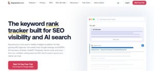 Keyword.com homepage hero section titled 'The keyword rank tracker built for SEO visibility and AI search' with an agency-focused value proposition, free trial button, and a mock Google SERP preview featuring AI Overviews.