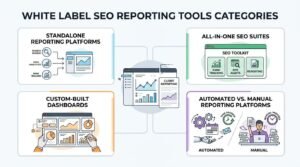 Infographic titled White Label SEO Reporting Tools Categories comparing standalone reporting platforms, all-in-one SEO suites, custom-built dashboards, and automated versus manual reporting platforms.