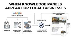 Infographic titled WHEN KNOWLEDGE PANELS APPEAR FOR LOCAL BUSINESSES illustrating Google collecting data from Wikipedia, Structured Citations, and Consistent Web Mentions, passing through verification to confirm the business as a verified entity, which triggers the Knowledge Panel to appear alongside a distinct profile card preview.