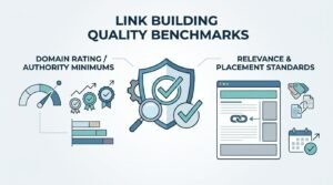 Infographic titled Link Building Quality Benchmarks highlighting domain rating and authority minimums alongside editorial relevance and placement standards.