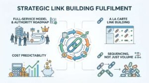 Infographic titled Strategic Link Building Fulfilment comparing full-service authority roadmaps, cost predictability, à la carte link purchasing, and tactical link sequencing.