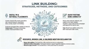 Link building strategies, methods, and categories infographic detailing digital PR, ethical guest posting, broken link building, unlinked brand mention reclamation, and resource page outreach.