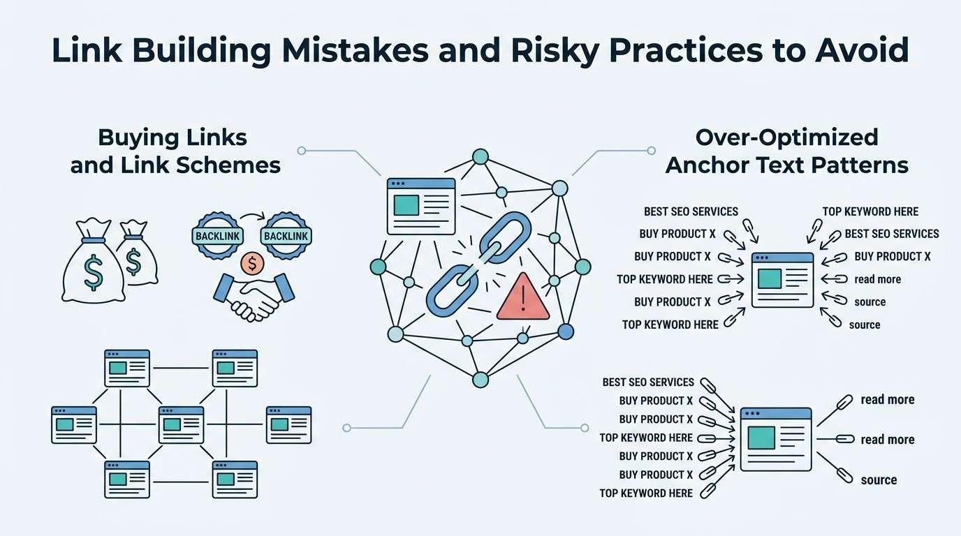 Infographic illustrating link building mistakes and risky practices to avoid, including buying links and link schemes, over-optimized anchor text, and artificial backlink networks.