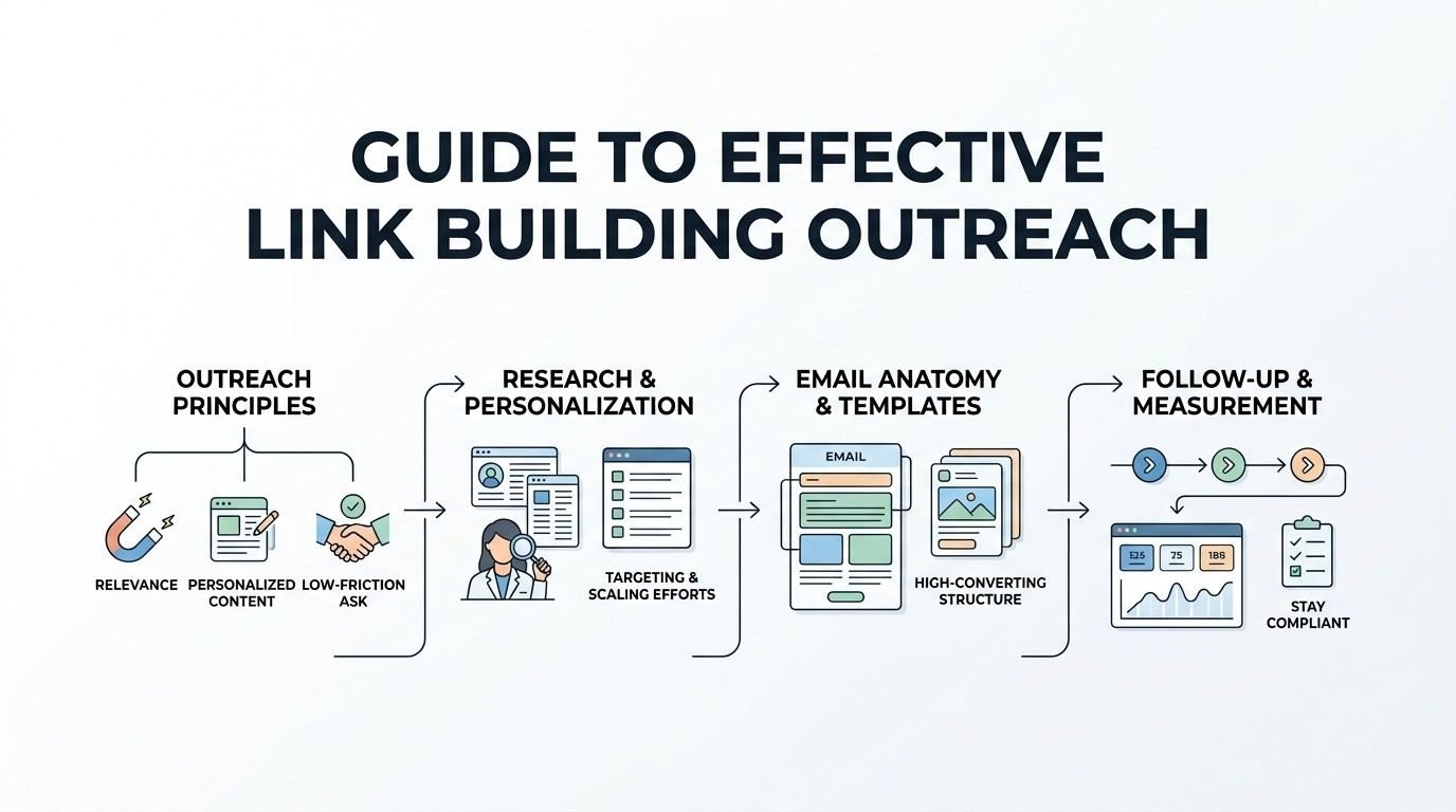 Infographic titled GUIDE TO EFFECTIVE LINK BUILDING OUTREACH detailing a four-stage process: Outreach Principles (relevance, personalized content, low-friction ask), Research & Personalization (targeting & scaling efforts), Email Anatomy & Templates (high-converting structure), and Follow-Up & Measurement (stay compliant with automated sequences and analytics).