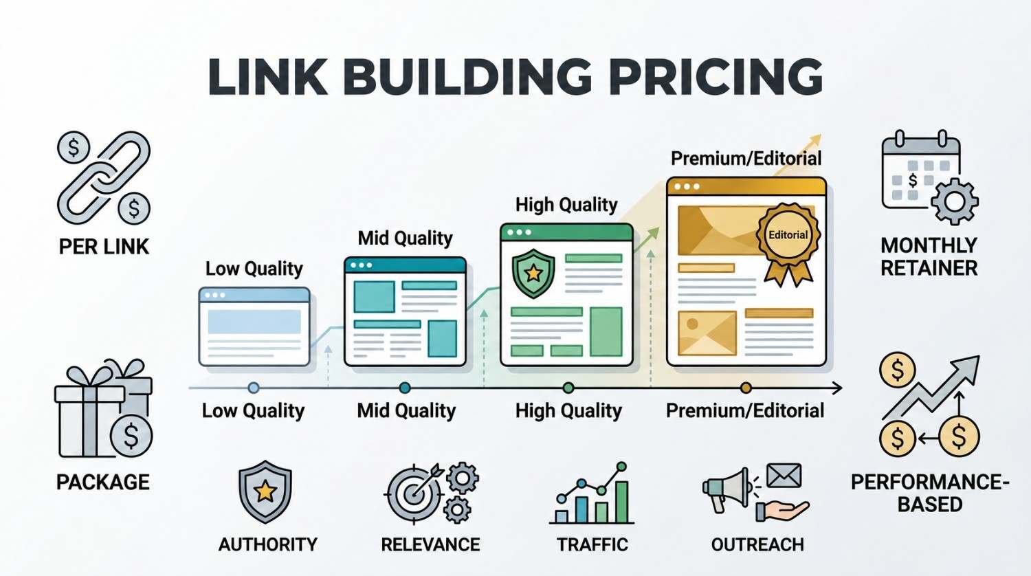 Infographic explaining link building pricing by quality level, from low- and mid-quality links to high-quality and premium editorial placements, with pricing models including per-link, package, monthly retainer, and performance-based services.