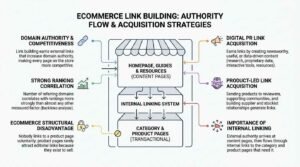 Ecommerce link building and authority flow infographic showing external link acquisition strategies driving authority into top-level content pages, which then flows through an internal linking system down to transactional category and product pages.