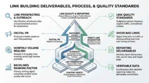 Link building deliverables, process, and quality standards infographic detailing link prospecting, digital PR, outreach, monthly reporting, and backlink quality benchmarks.
