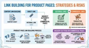 Infographic showing link building strategies for product pages, contrasting editorial vs commercial links and detailing indirect internal link authority flow.