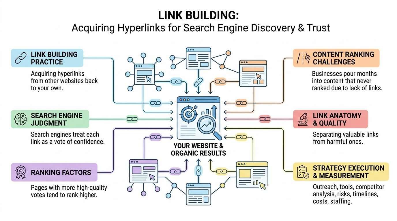 Link building strategy infographic illustrating how acquiring external hyperlinks acts as search engine votes of confidence to improve organic rankings and website visibility.
