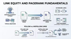Infographic titled LINK EQUITY AND PAGERANK FUNDAMENTALS showing Domain Authority & Trust and Topical Relevance passing Link Equity (Ranking Strength) from a Linking Page to a Destination Page, outbound link dilution vs concentration, link placement value (Content Body > Sidebar or Footer), and comparing Follow Links that pass equity with Nofollow Links that still add business value by driving referral traffic and brand visibility.
