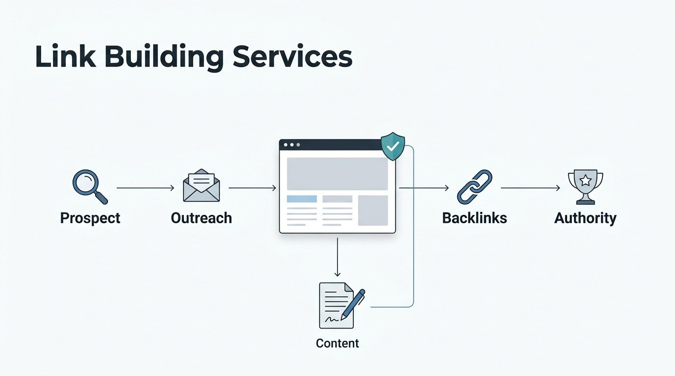 Infographic illustrating the link-building service process: prospect research, outreach, content creation, backlink acquisition, and building website authority.