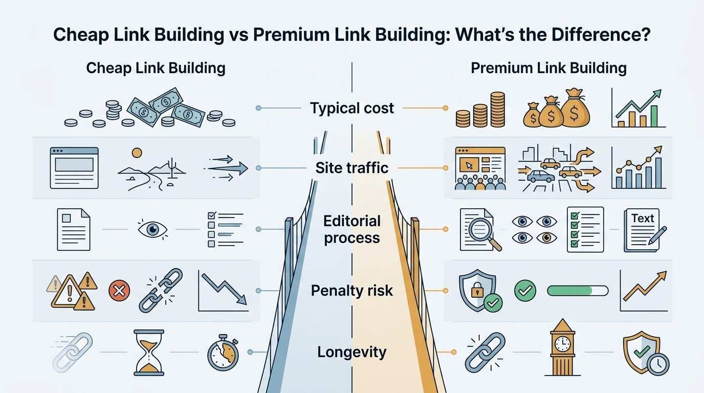 Infographic comparing cheap and premium link building across typical cost, site traffic, editorial process, penalty risk, and longevity.