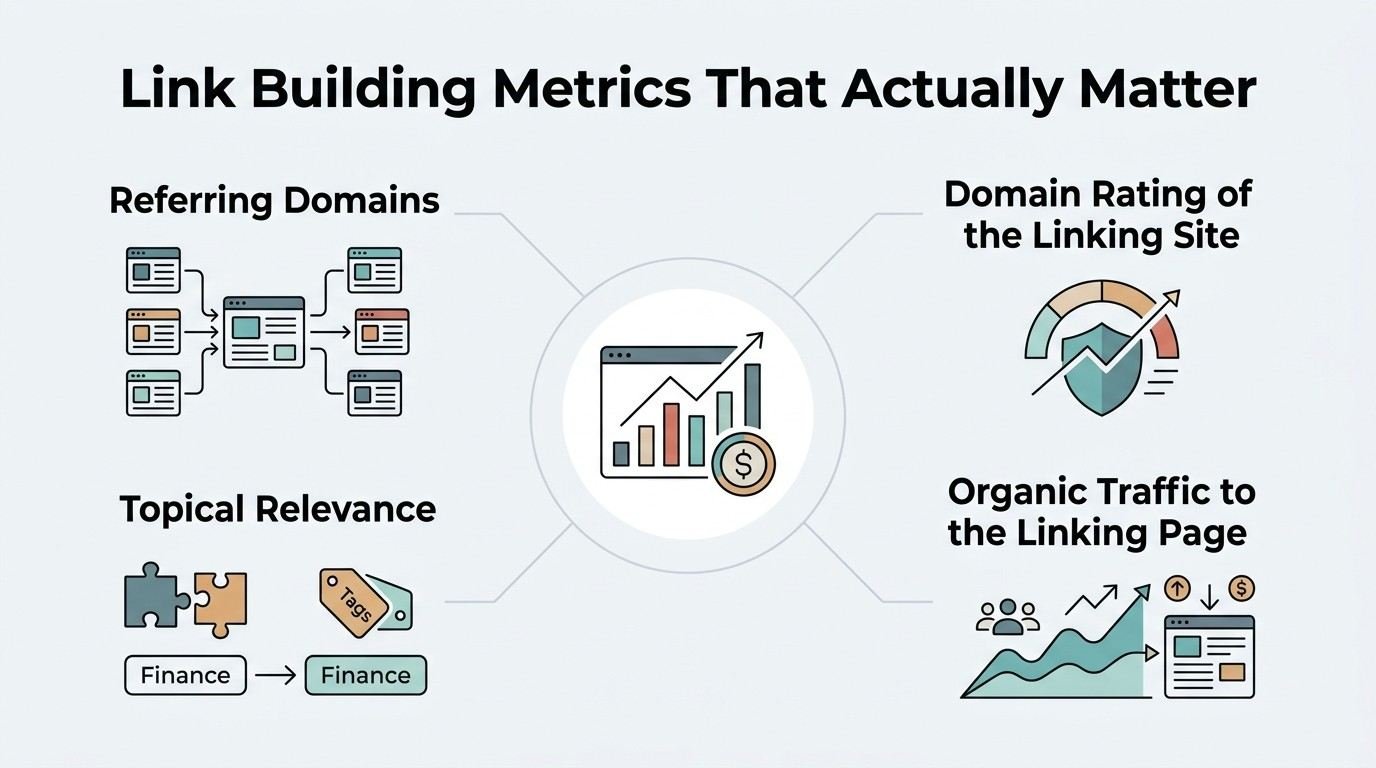 Infographic showing important link-building metrics, including referring domains, domain rating of the linking site, topical relevance, and organic traffic to the linking page.
