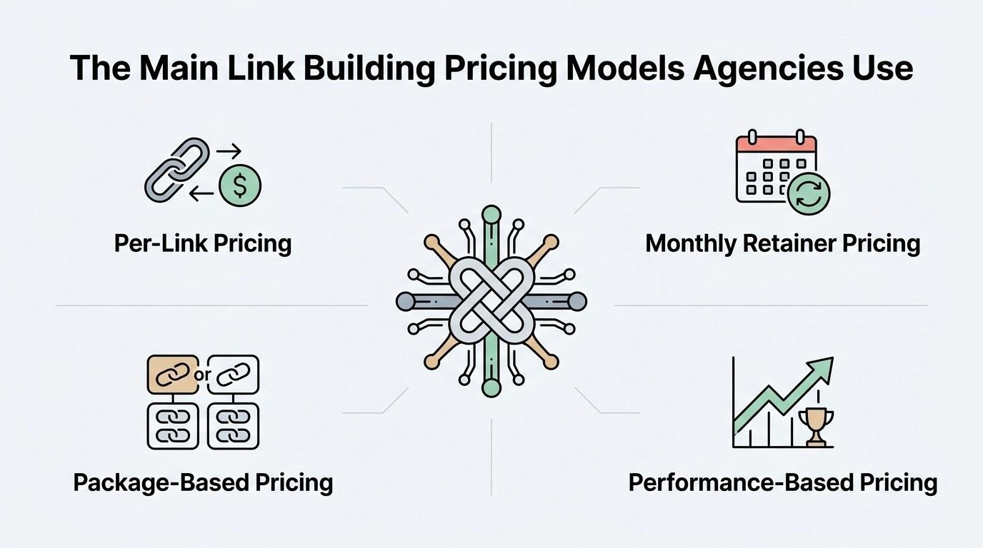Infographic showing four main link building pricing models agencies use: per-link pricing, monthly retainer pricing, package-based pricing, and performance-based pricing.