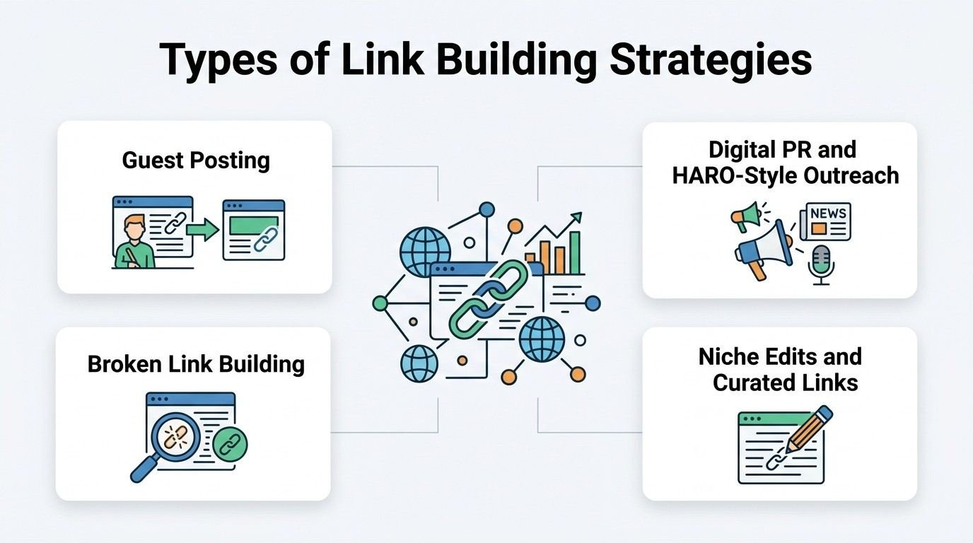 Infographic showing four types of link building strategies: guest posting, broken link building, digital PR and HARO-style outreach, and niche edits with curated links.