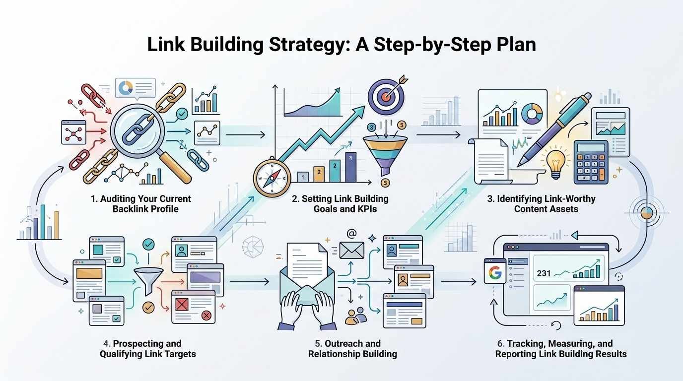 Infographic showing a six-step link building strategy: auditing the backlink profile, setting goals and KPIs, identifying link-worthy content, prospecting and qualifying link targets, outreach and relationship building, and tracking and reporting results.