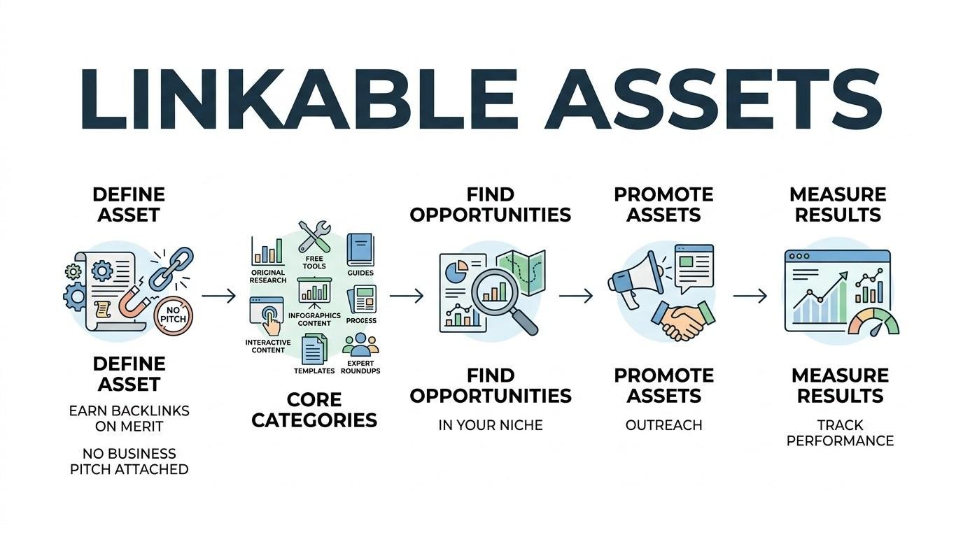 Infographic mapping the strategy for creating and scaling Linkable Assets, establishing a four-stage process—Define Asset (earning links strictly on merit without sales pitches), Find Opportunities within the niche, Promote Assets via targeted outreach, and Measure Results—while highlighting core citable categories like original research, free tools, comprehensive guides, infographics, interactive content, and templates.