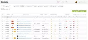 Screenshot of the Linkody link monitoring interface showing an audited backlink report with status codes, referring URLs, anchor text, Moz Domain Authority, spam score, and IP geolocation flags.