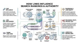 How links influence search rankings and authority infographic illustrating link mechanisms, PageRank link equity transfer, relevance and trust signals, anchor text roles, and link impact in the AI search era.