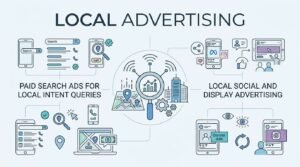 Infographic titled LOCAL ADVERTISING contrasting Paid Search Ads for Local Intent Queries with Local Social and Display Advertising around a central local business broadcast and search audit engine.