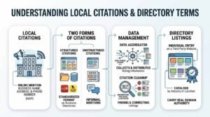 Infographic titled UNDERSTANDING LOCAL CITATIONS & DIRECTORY TERMS outlining four sequential modules: Local Citations (online mention of Business Name, Address, & Phone Number / NAP), Two Forms of Citations (Structured Citations in standardized formats vs Unstructured Citations in informal mentions), Data Management (Data Aggregators distributing listing info and Citation Cleanup finding & correcting listings), and Directory Listings (individual entries on third-party websites carrying real domain authority).