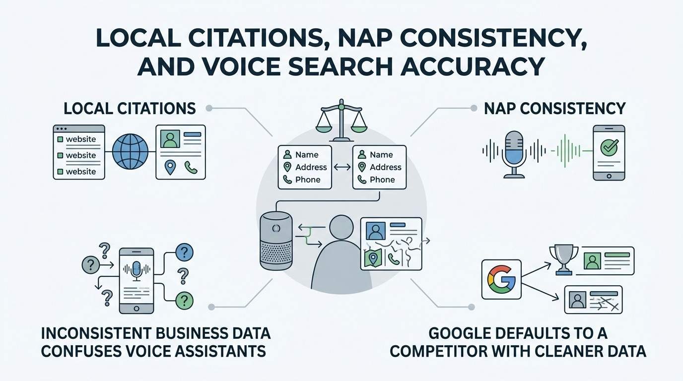 Infographic showing how local citations and NAP consistency support voice search accuracy, with consistent business name, address, and phone data helping search systems identify the correct business.