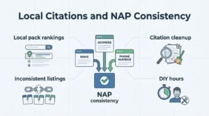 Infographic titled Local Citations and NAP Consistency showing central input cards for Name, Address, and Phone Number feeding into a validated NAP consistency shield, surrounded by sections for Local pack rankings, Citation cleanup, Inconsistent listings, and DIY hours.