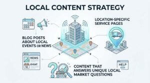 Infographic titled LOCAL CONTENT STRATEGY detailing blog posts about local events or news, location-specific service pages, and content answering unique local market questions around a central isometric business district map.