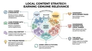 Local content strategy infographic illustrating how to earn genuine relevance through local guides, case studies with place names, community involvement pages, local market comparisons, and FAQs.