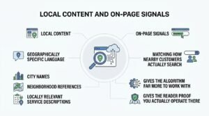 Infographic titled Local Content and On-Page Signals detailing geographical language elements like city names, neighborhood references, and local service descriptions alongside on-page signals, search matching, and algorithmic proof points surrounding a central web cloud audit icon.
