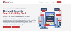 Local Falcon homepage hero section titled 'The Most Accurate Search Visibility Tool' highlighting generative AI and local SEO search visibility, paired with an illustrated smartphone scanning map pack rankings.