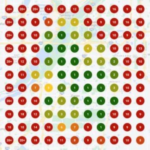 Local Falcon local SEO geo-grid rank tracking map over an urban area, displaying a 10x10 matrix of color-coded pins showing rank 1 in the city center and ranks drop to 10 and 20+ toward the outskirts.