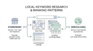 Local keyword research and ranking patterns infographic contrasting storefront businesses and service area businesses, illustrating how search queries route into Google Map Pack listings, local organic results, and dedicated location landing pages.