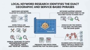 Infographic titled LOCAL KEYWORD RESEARCH IDENTIFIES THE EXACT GEOGRAPHIC AND SERVICE-BASED PHRASES detailing keyword clustering, mapping, tool integration, manual search vetting, cannibalization prevention, and distinct location pages around a central blueprint schematic.