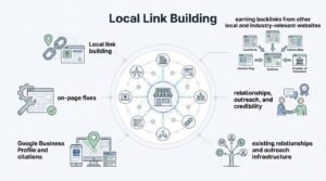 Infographic titled Local Link Building detailing off-page prominence strategies—earning backlinks from local and industry-relevant websites, relationships, outreach, existing outreach infrastructure, Google Business Profile citations, and on-page fixes—surrounding a central physical business network hub.
