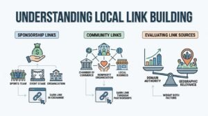 Infographic titled UNDERSTANDING LOCAL LINK BUILDING illustrating three sections: Sponsorship Links (funding sports teams, event stages, and organizations to earn links in exchange), Community Links (partnering with Chambers of Commerce, nonprofit organizations, and local businesses to earn links through partnerships), and Evaluating Link Sources (a balance scale weighing Domain Authority against Geographic Relevance with the guidance to weight both factors).