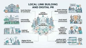 Infographic titled LOCAL LINK BUILDING AND DIGITAL PR illustrating community sponsorships, chamber of commerce partnerships, regional news coverage, press releases, local awards, and expert journalist commentary connected to a central isometric local authority cityscape.