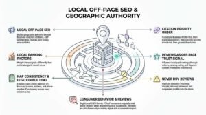 Local off-page SEO and geographic authority infographic illustrating how directory citations, NAP consistency, Google Business Profile optimization, customer reviews, and local ranking signals build community trust.