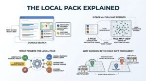 Infographic titled THE LOCAL PACK EXPLAINED detailing the anatomy of the 3-Pack within Google Search, comparing the 3-Pack against full map results, illustrating the core signals that power pack rankings, and demonstrating why rankings shift dynamically across different searcher locations.