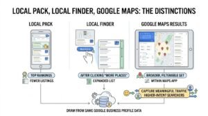 Infographic titled LOCAL PACK, LOCAL FINDER, GOOGLE MAPS: THE DISTINCTIONS comparing three local interfaces: the Local Pack on a smartphone showing top rankings and fewer listings, the Local Finder reached after clicking More Places with an expanded scrollable list, and Google Maps Results on a tablet showing a broader, filterable set within the maps app, all drawing from the same Google Business Profile database to capture meaningful traffic from higher-intent searchers.