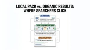 Infographic titled LOCAL PACK vs. ORGANIC RESULTS: WHERE SEARCHERS CLICK showing the SERP hierarchy with an AI OVERVIEW at the top reducing clicks to both, the LOCAL PACK (MAP LISTINGS) capturing the highest CTR for local intent, and ORGANIC LISTINGS serving as a secondary click source.
