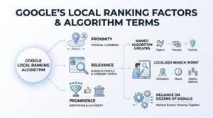 Infographic titled KEY CONCEPTS IN MULTI-LOCATION & ENTERPRISE LOCAL SEO illustrating a central Hub-and-Spoke Model connecting four enterprise pillars: Multi-Location SEO (optimizing visibility for multiple locations & service areas simultaneously), Location Landing Page Template (efficiently building unique, locally relevant pages with standardized structure), Franchise SEO (balancing brand-wide consistency with individual location autonomy), and Store Locator Page (centralized page for customers to find and navigate to individual location pages).