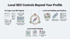 Infographic titled Local SEO Controls Beyond Your Profile illustrating on-page local SEO signals, local link building and citations, and local content strategy positioned around a central directional navigation compass hub.