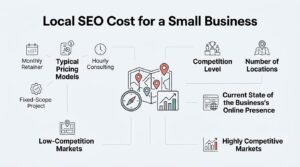 Infographic titled Local SEO Cost for a Small Business outlining Typical Pricing Models (Monthly Retainer, Hourly Consulting, Fixed-Scope Project), cost factors (Competition Level, Number of Locations, Online Presence State), and market tiers (Low-Competition vs Highly Competitive Markets) surrounding a central map and compass hub.