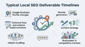Infographic titled Typical Local SEO Deliverable Timelines outlining Google Business Profile changes, technical fixes and schema implementation, citation building, review generation, content strategy, and businesses in competitive markets around a central clock and upward growth arrow hub.