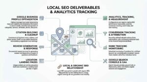 Local SEO deliverables and analytics tracking infographic illustrating Google Business Profile optimization, citations, reviews, landing pages, and conversion measurement around a local map dashboard.