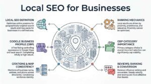 Local SEO for businesses infographic diagram detailing Google Business Profile optimization, ranking mechanics, GBP categories, reviews, and NAP citations around a central city map graphic.
