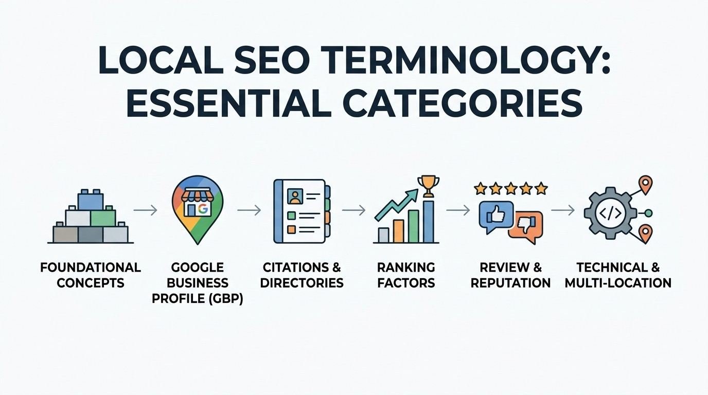 Infographic titled LOCAL SEO TERMINOLOGY: ESSENTIAL CATEGORIES illustrating a six-stage sequential workflow: Foundational Concepts, Google Business Profile (GBP), Citations & Directories, Ranking Factors, Review & Reputation, and Technical & Multi-Location.