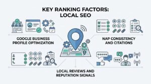 Infographic titled KEY RANKING FACTORS: LOCAL SEO breaking down Google Business Profile optimization, NAP consistency and citations, and local reviews and reputation signals surrounding a central street map location pin.