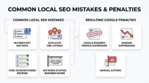 Infographic titled COMMON LOCAL SEO MISTAKES & PENALTIES showing Common Local SEO Mistakes—Inconsistent NAP Data, Duplicate GBP Listings, Fake or Incentivized Reviews, and Keyword-Stuffed Business Names—routing into Resulting Google Penalties: Google Business Profile Suspension, Ranking Suppression, and Manual Actions.